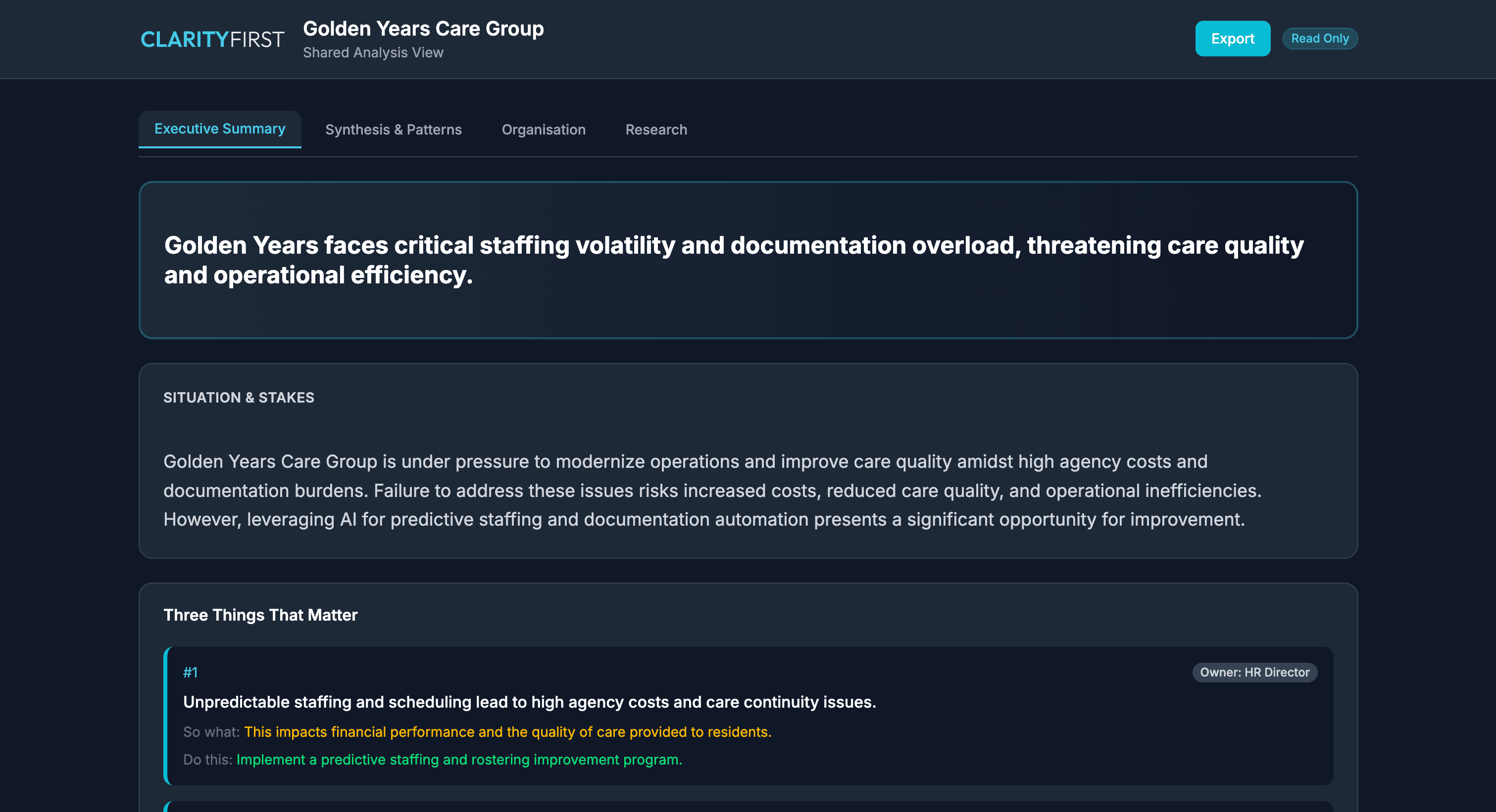 Executive Summary showing headline finding, situation and stakes, and Three Things That Matter with assigned owners and recommendations