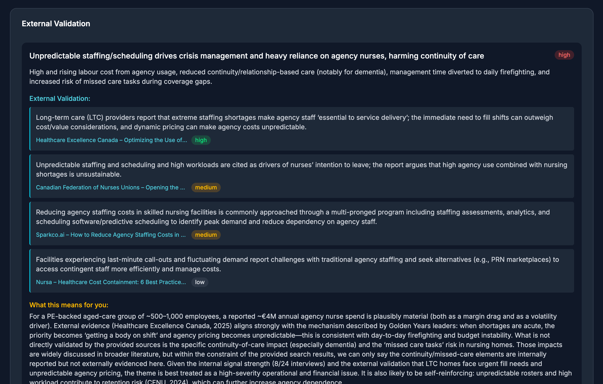 External Validation showing findings checked against external sources with confidence ratings and contextual analysis