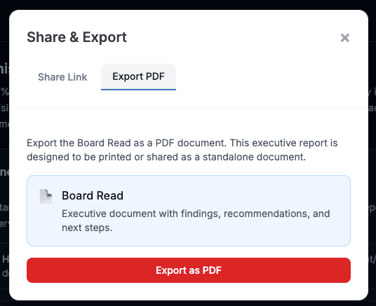 Export options modal showing PDF and PowerPoint export formats for discovery findings
