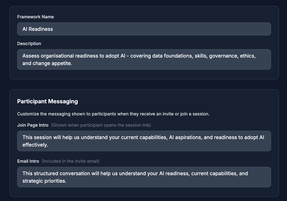 Framework selection screen showing available interview frameworks