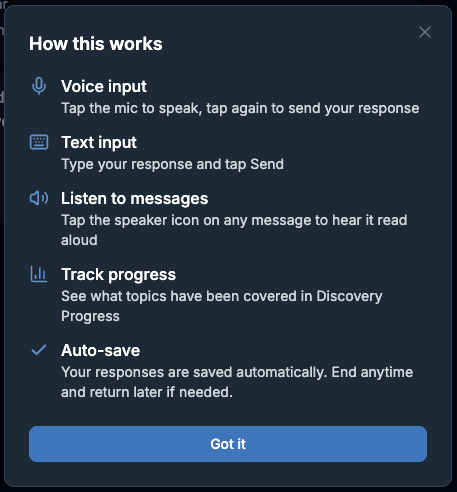 Consultant view of interview with help modal showing topic coverage and AI support options