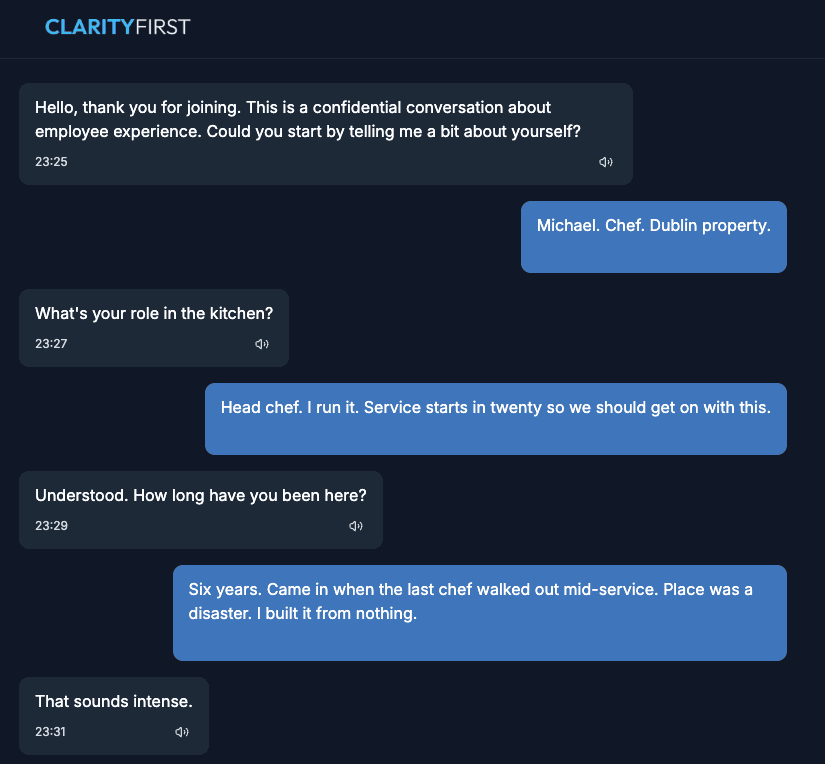 Participant interview interface showing welcome screen and instructions