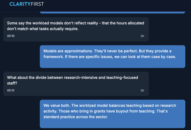 AI discovery interview mid-conversation showing real-time transcription and voice interaction