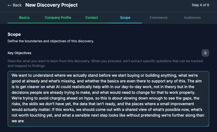 Project objectives before AI parsing - free text input describing discovery goals