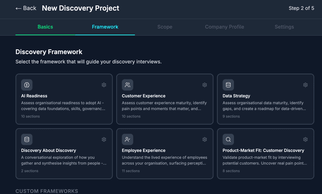 Project setup wizard showing framework selection and scope definition