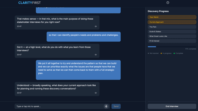 Live interview interface with voice conversation and real-time transcription