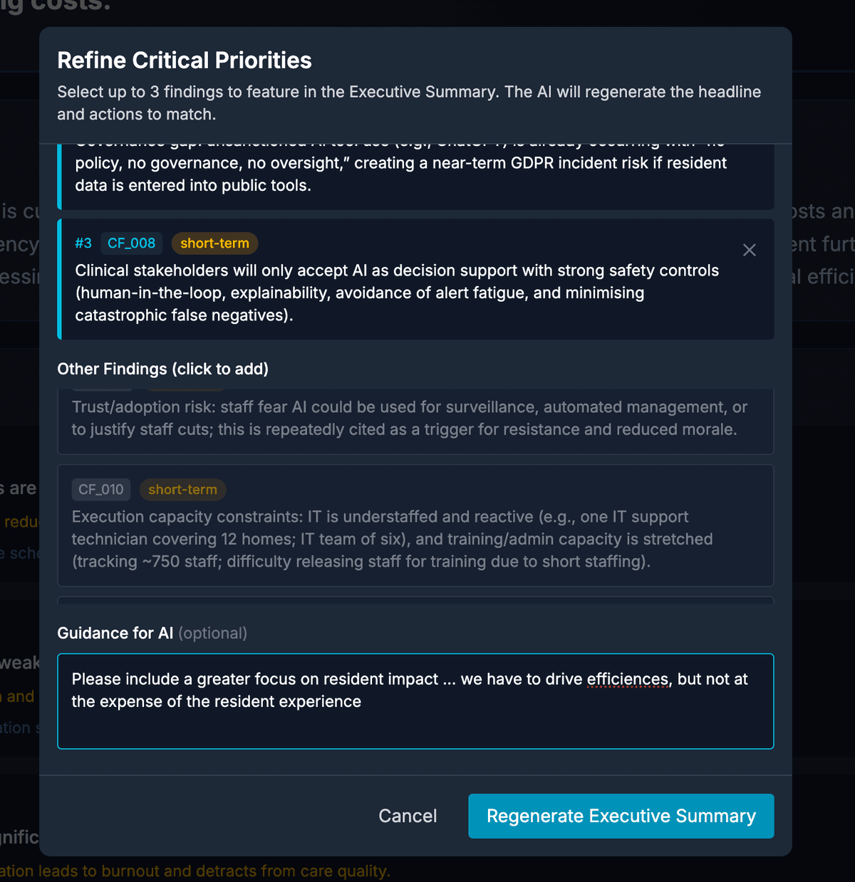Refine executive summary interface showing editable findings and AI regeneration options